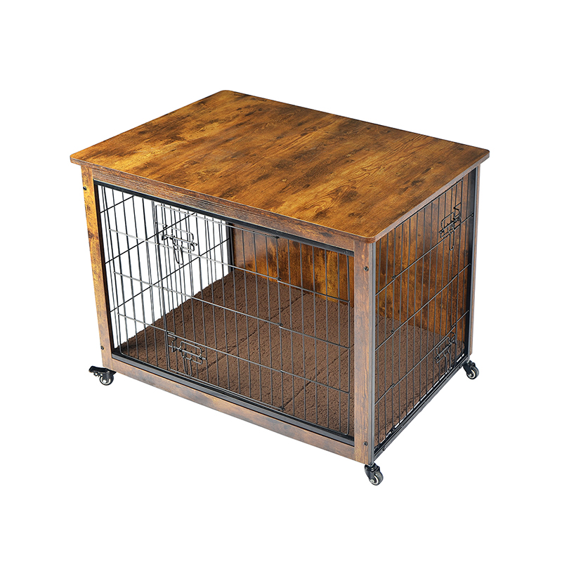 Klietka pre psie v štýle vnútorného dreveného nábytku s vankúšom a kolesami Klietka pre psie v štýle vnútorného dreveného nábytku s vankúšom a kolesami