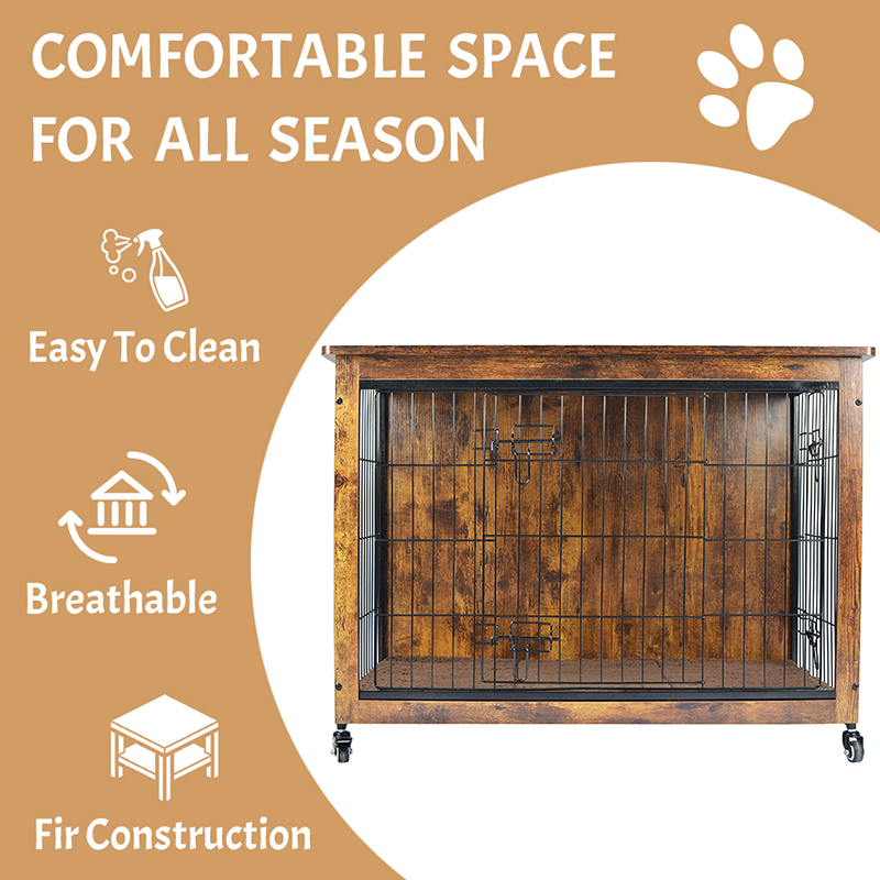 Klietka pre psie v štýle vnútorného dreveného nábytku s vankúšom a kolesami Klietka pre psie v štýle vnútorného dreveného nábytku s vankúšom a kolesami