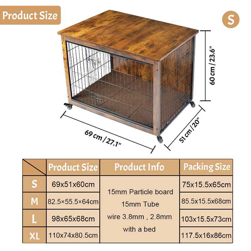 Klietka pre psie v štýle vnútorného dreveného nábytku s vankúšom a kolesami Klietka pre psie v štýle vnútorného dreveného nábytku s vankúšom a kolesami