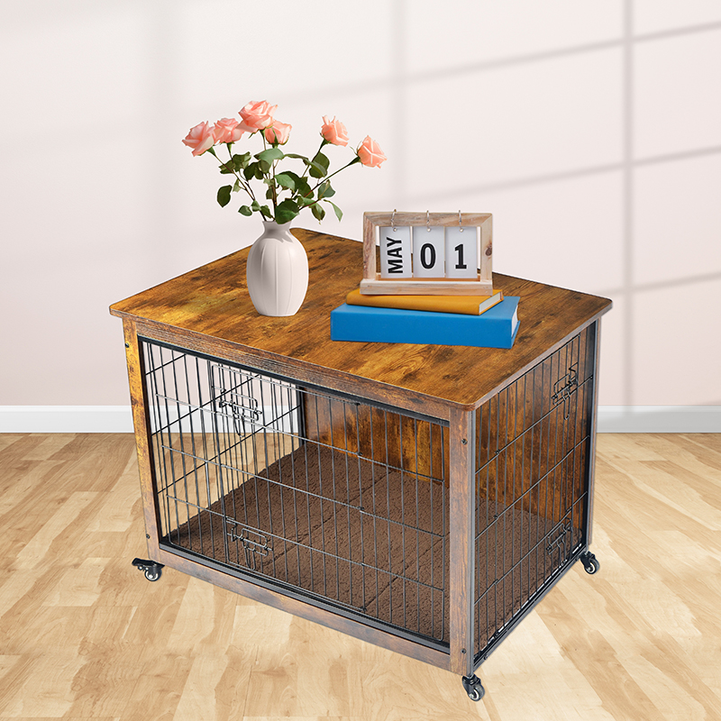 Klietka pre psie v štýle vnútorného dreveného nábytku s vankúšom a kolesami Klietka pre psie v štýle vnútorného dreveného nábytku s vankúšom a kolesami