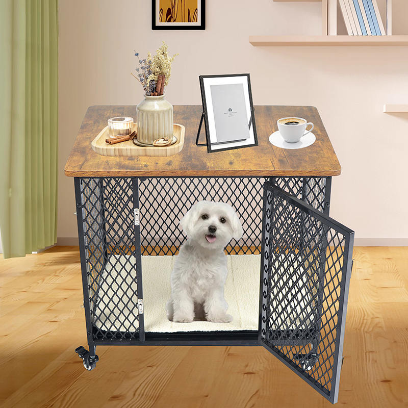 Nábytok v štýle veľkej drevenej klietky pre psie s kolesami a vankúšom Nábytok v štýle veľkej drevenej klietky pre psie s kolesami a vankúšom