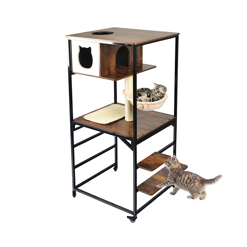 Moderné drevo a kovové stromu Cat Tree Indoor Tower byt s hojdacou sieťou